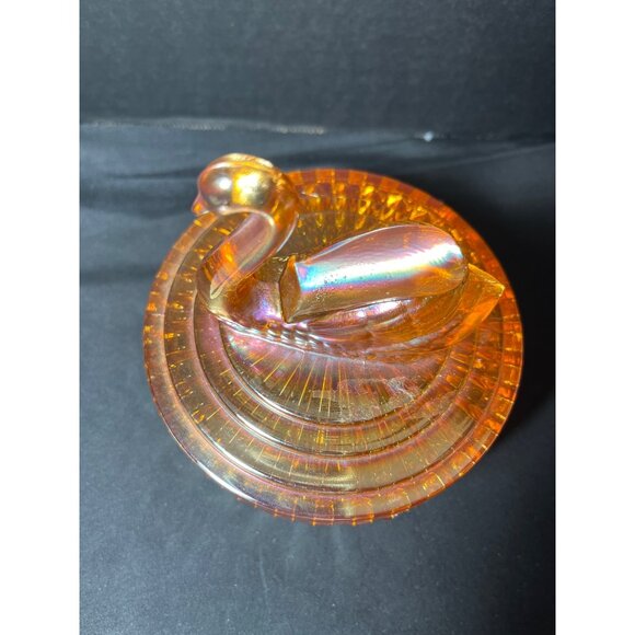 Opalescent Jeanette Glass Swan Covered Candy Powder Dish Carnival Glass 5” - Picture 2 of 8